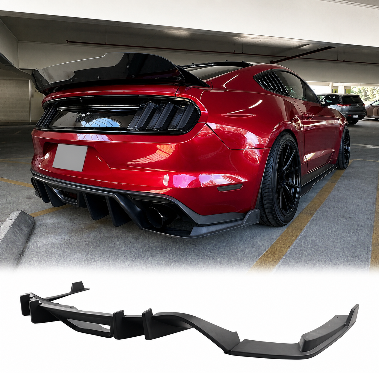V3 MATTE BLACK REAR BUMPER DIFFUSER W/ CORNER EXTENSIONS - FORD MUSTANG (2015–2017)