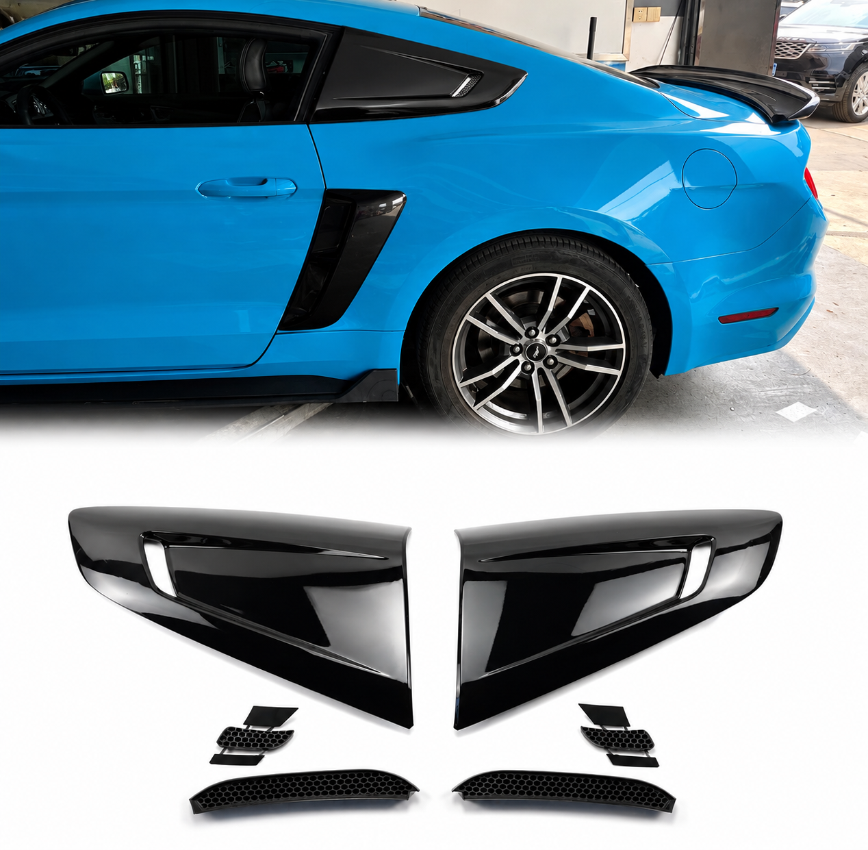 TRACKFORM GLOSS BLACK SIDE QUARTER WINDOW LOUVERS SUN SHADE COVERS - FORD MUSTANG (2015–2022)