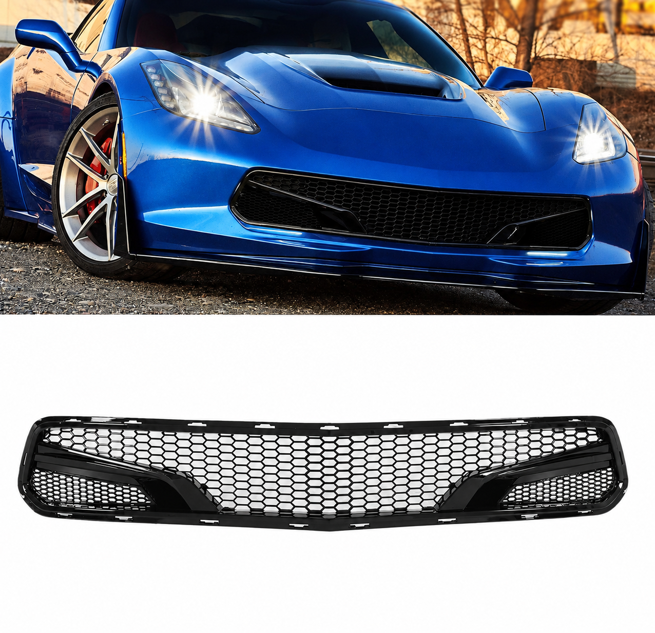 HONEYCOMB GLOSS BLACK FRONT BUMPER GRILLE - CHEVROLET CORVETTE C7 | Z06 | GS | Z51 (2014–2019)