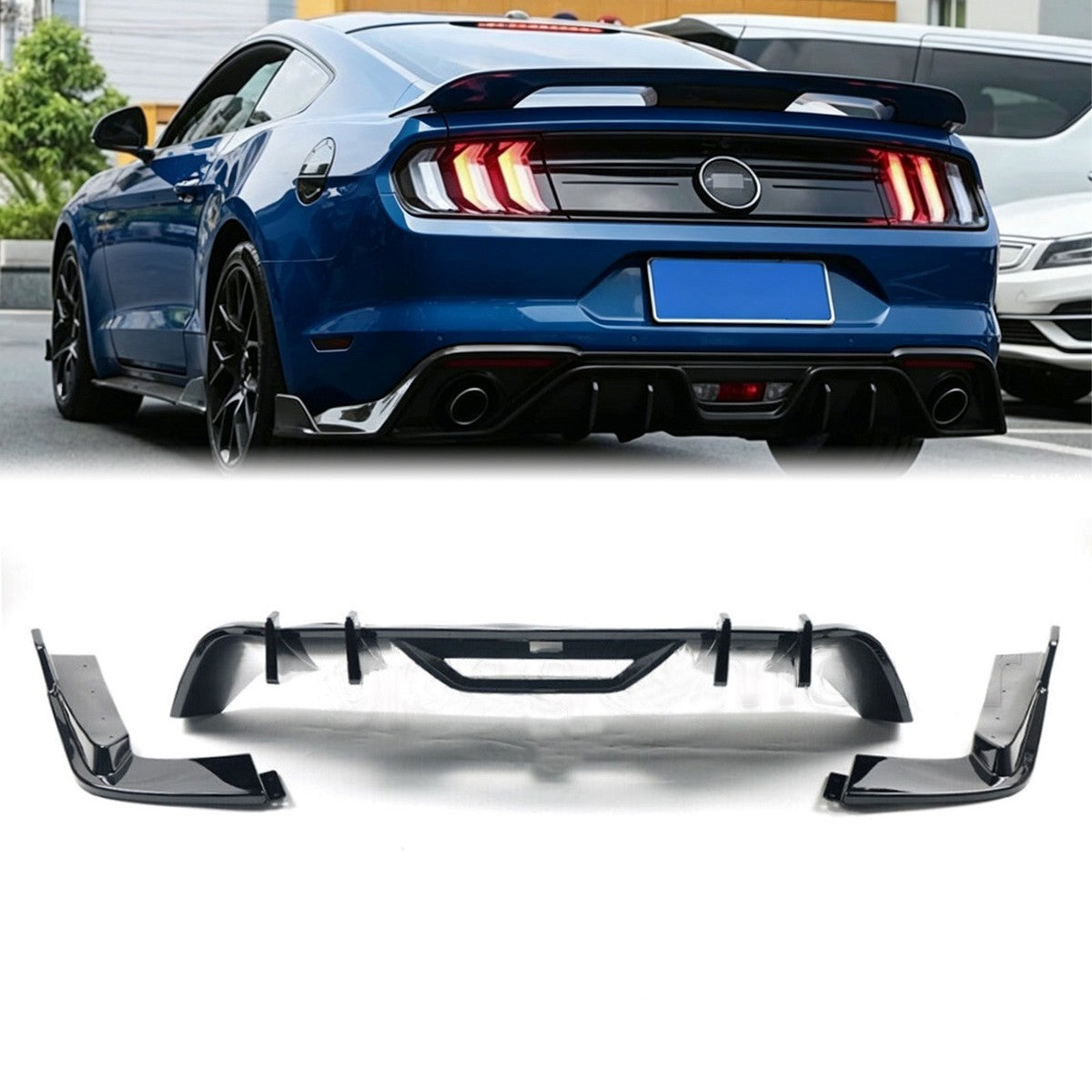 V3 STYLE GLOSS BLACK REAR BUMPER DIFFUSER W/ CORNER EXTENSIONS - FORD MUSTANG (2015–2017)