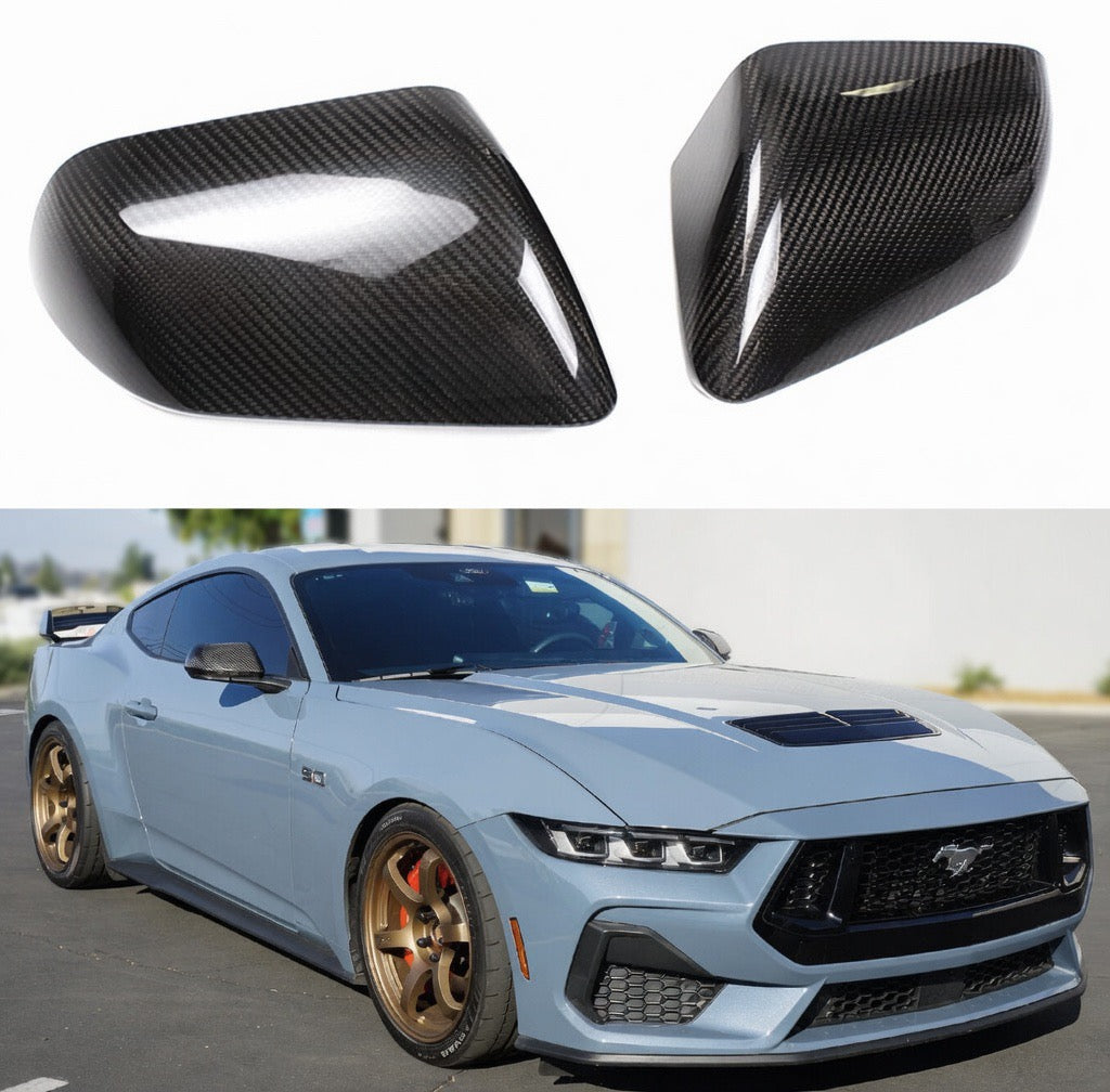 FORD RACING STYLE GLOSS CARBON FIBER SIDE MIRROR COVERS W/ TURN SIGNAL - FORD MUSTANG (2024–2026)