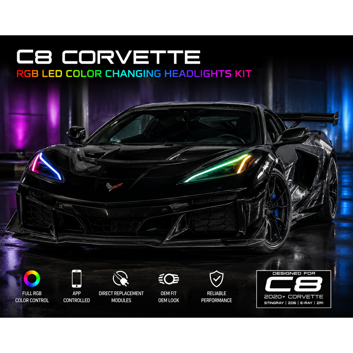 2020–2026 Chevrolet Corvette C8 AAD RGB LED Headlight DRL Kit