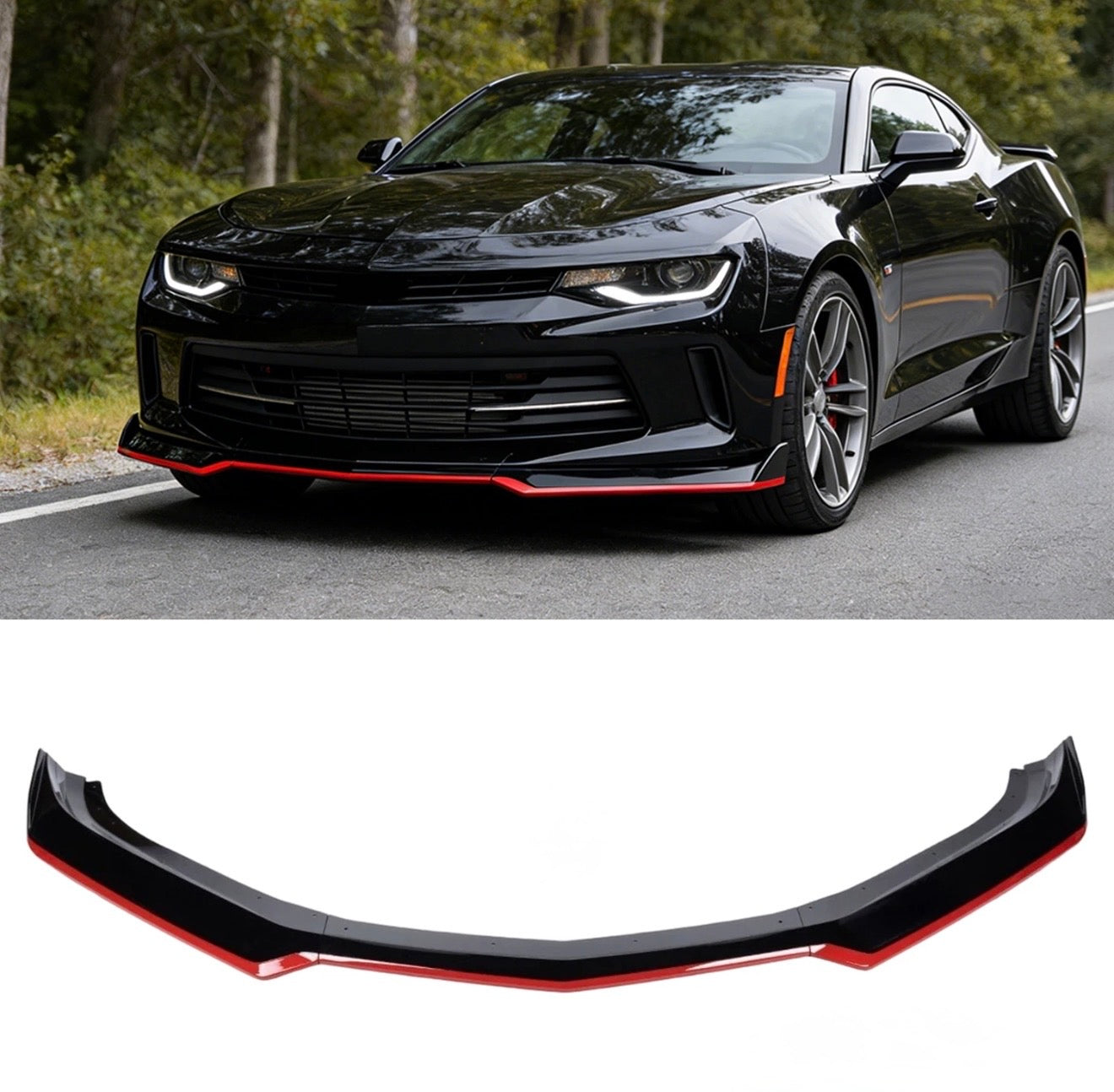 1LE STYLE GLOSS BLACK FRONT BUMPER LIP SPLITTER WITH RED ACCENT LINE - CHEVROLET CAMARO (2016–2024)